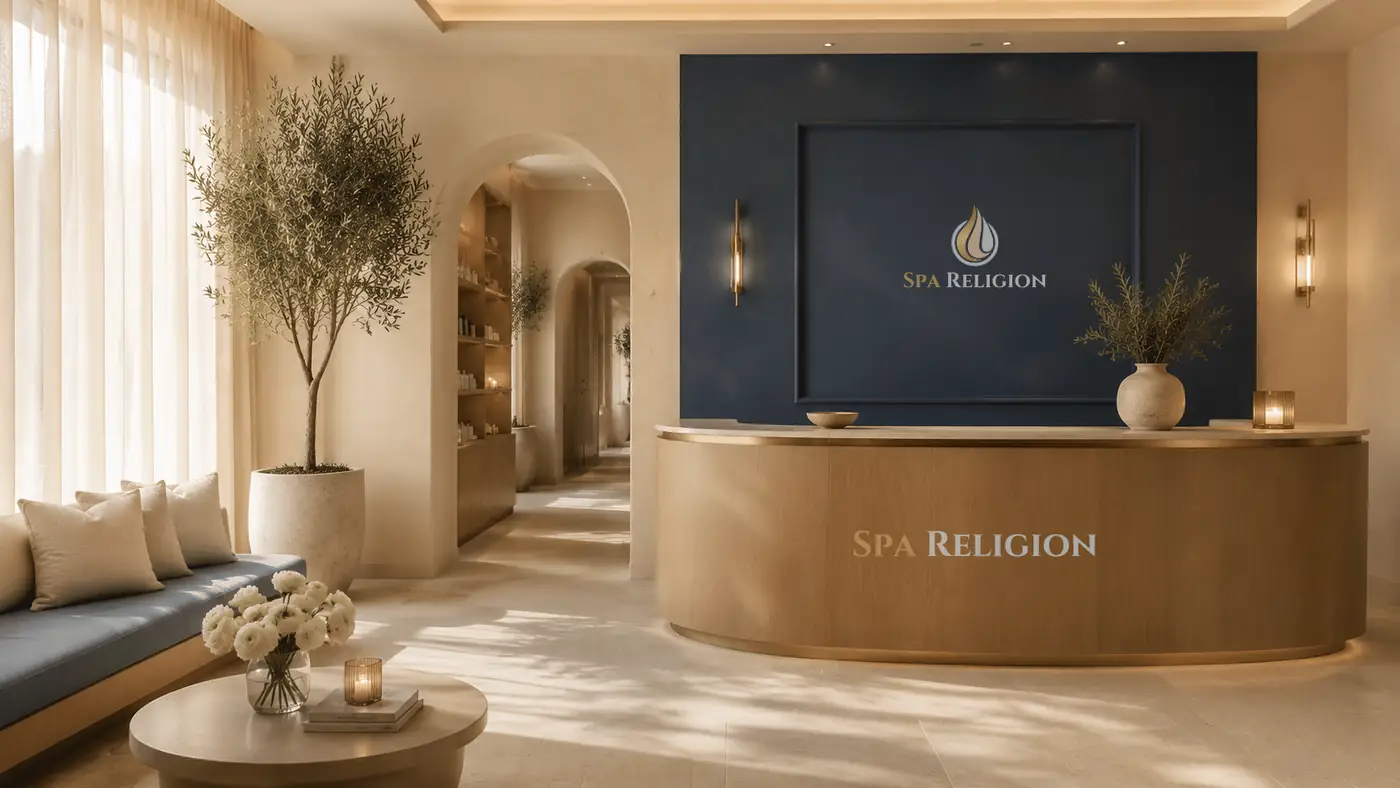 Rendering of the Spa Religion flagship reception — travertine, olive trees and a deep blue signature wall